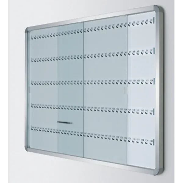 Bacheca porta chiavi, con ante scorrevoli, fondo magnetico in acciaio laccato, cornice in alluminio, 81 ganci