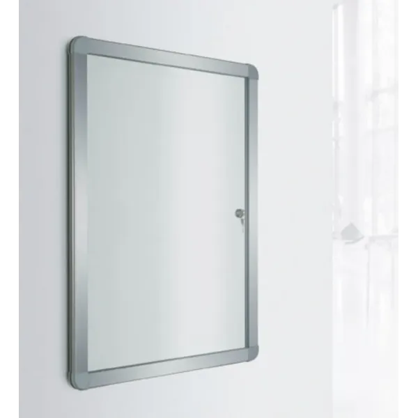 Bacheca con anta battente, fondo magnetico in acciaio laccato, cornice in allumninio, 4 X A4