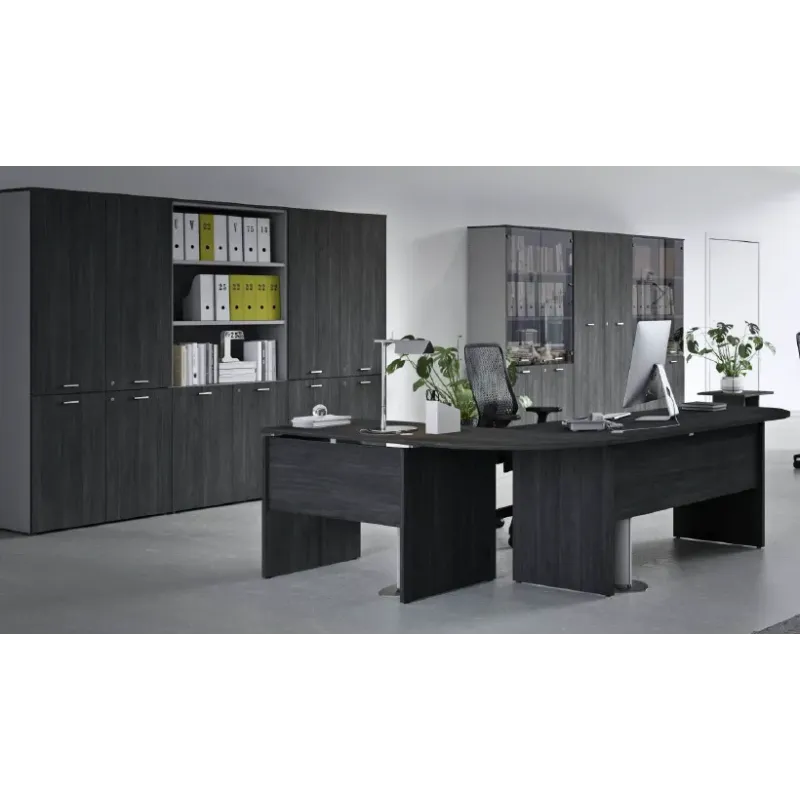 Composizione operativa scrivania workstation, cassettiera ed armadio alto tutto in legno