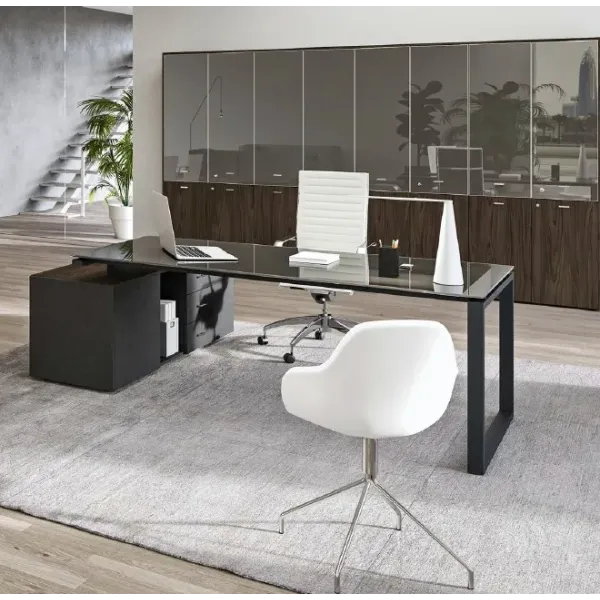 Scrivania con piano in vetro e coppia gambe ad anello Dim 160x80x73H