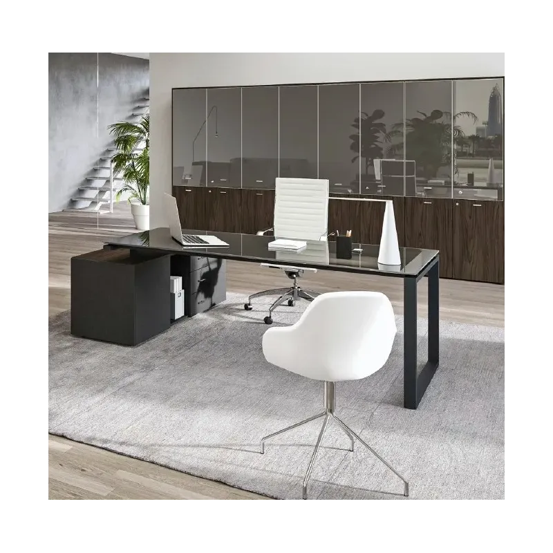 Scrivania con piano in vetro e coppia gambe ad anello Dim 180x80x73H