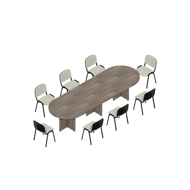 Tavolo riunione struttura in legno, piano in legno con 8 sedie fisse.
