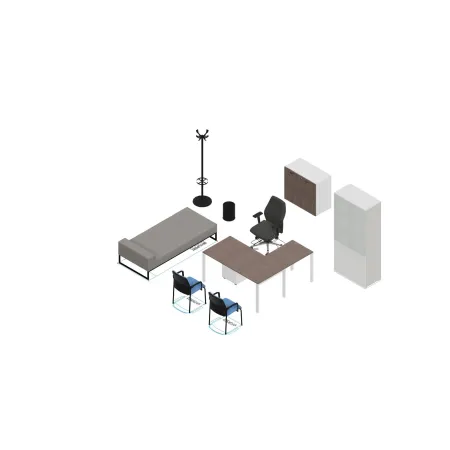 Studio Medico Completo, scrivania, poltrona, sedia, lettino, cassettiera e armadi.