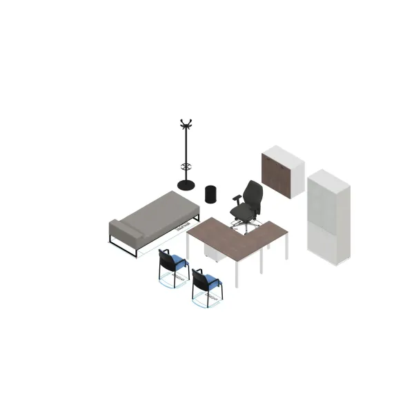 Studio Medico Completo, scrivania, poltrona, sedia, lettino, cassettiera e armadi.