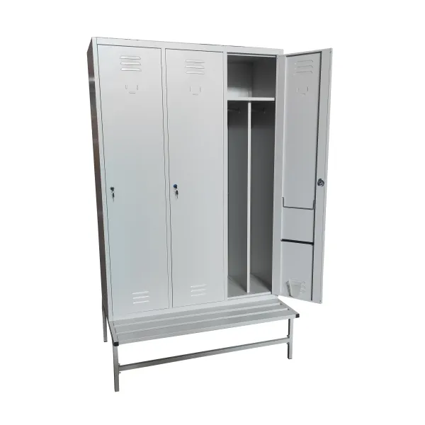 Armadio spogliatoio in metallo, con divisorio sporco pulito a 3 posti su panca cm 120x50x180h
